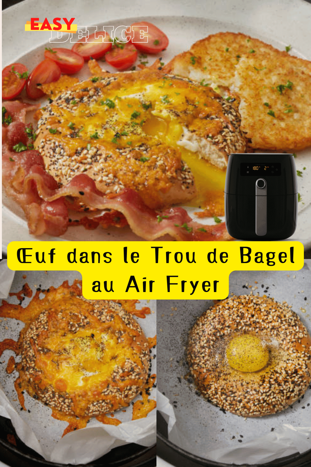 Œuf cuit dans un bagel garni de fromage, doré et croustillant grâce au Air Fryer.