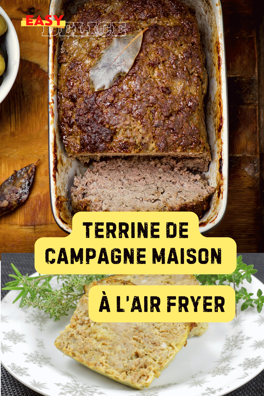 Terrine de campagne maison servie en tranches, accompagnée de cornichons et d’un bon pain.

