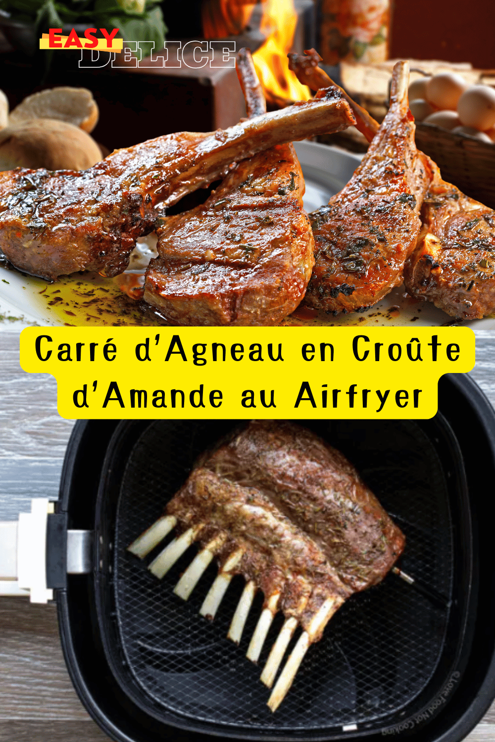 Carré d’agneau en croûte d’amande dorée, cuit à la perfection dans un Airfryer.

