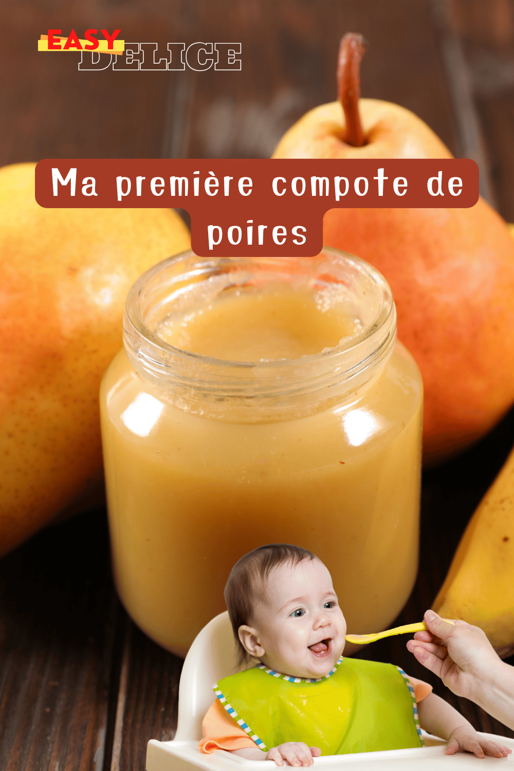 Compote de poires pour bébé servie dans un bol avec une petite cuillère