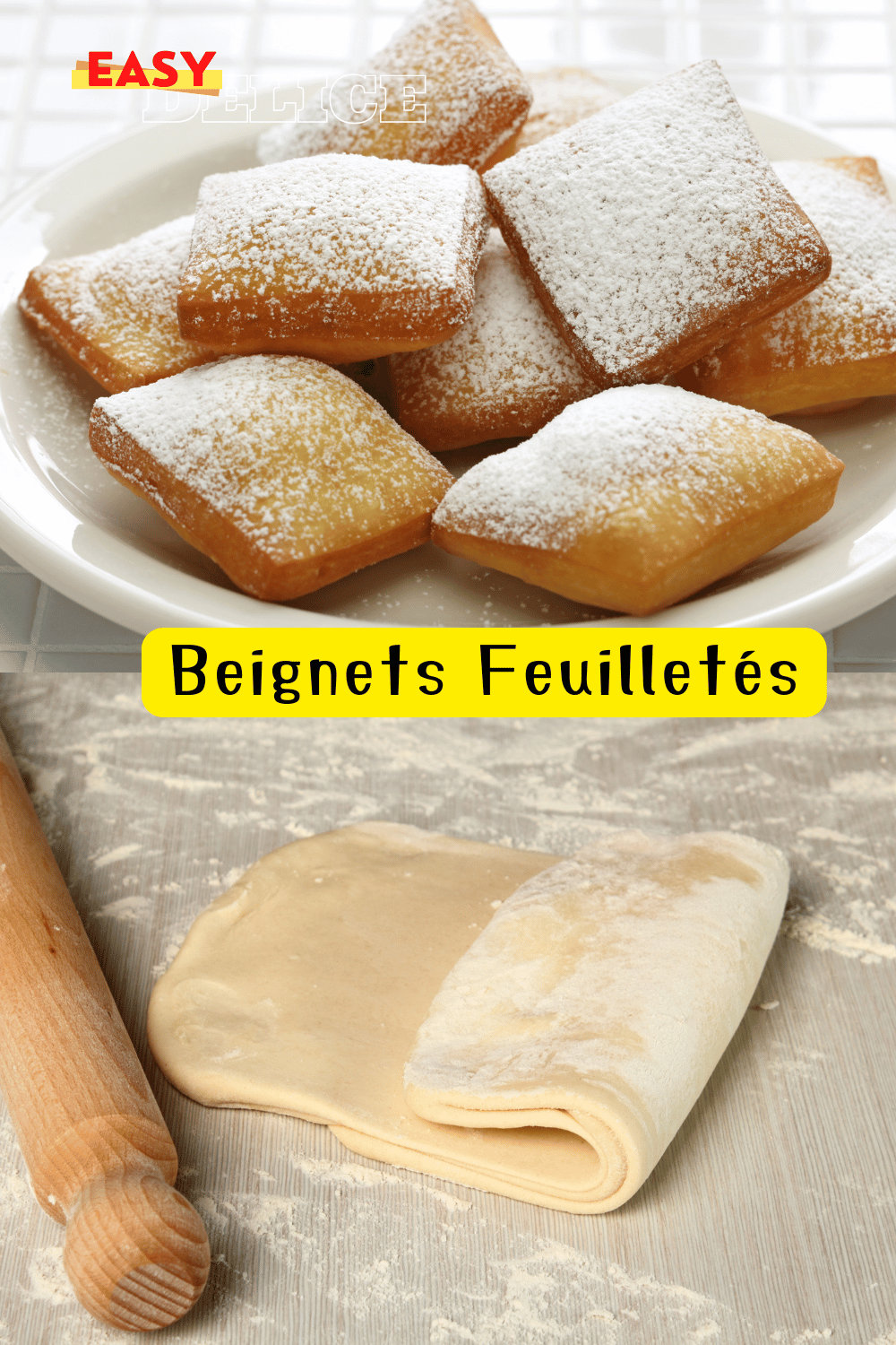 Beignets feuilletés dorés et saupoudrés de sucre, prêts à être dégustés.