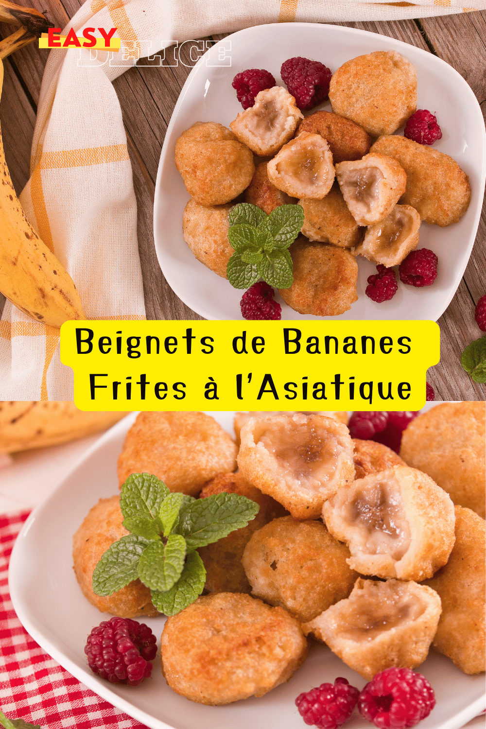 Beignets de bananes dorés et croustillants, saupoudrés de sucre glace, accompagnés d'une tasse de thé.