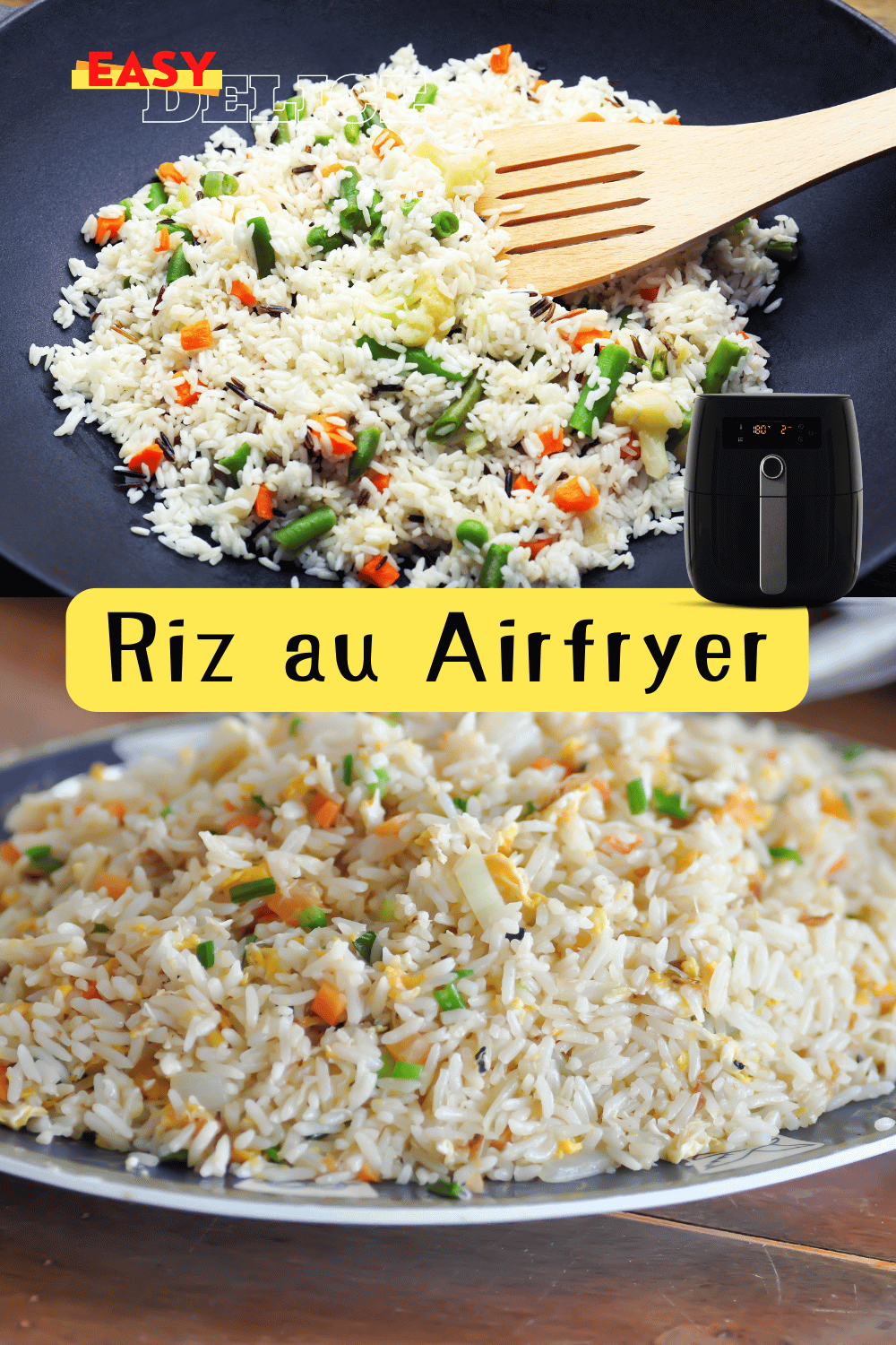 Riz cuit au Airfryer, servi chaud avec des légumes sautés.