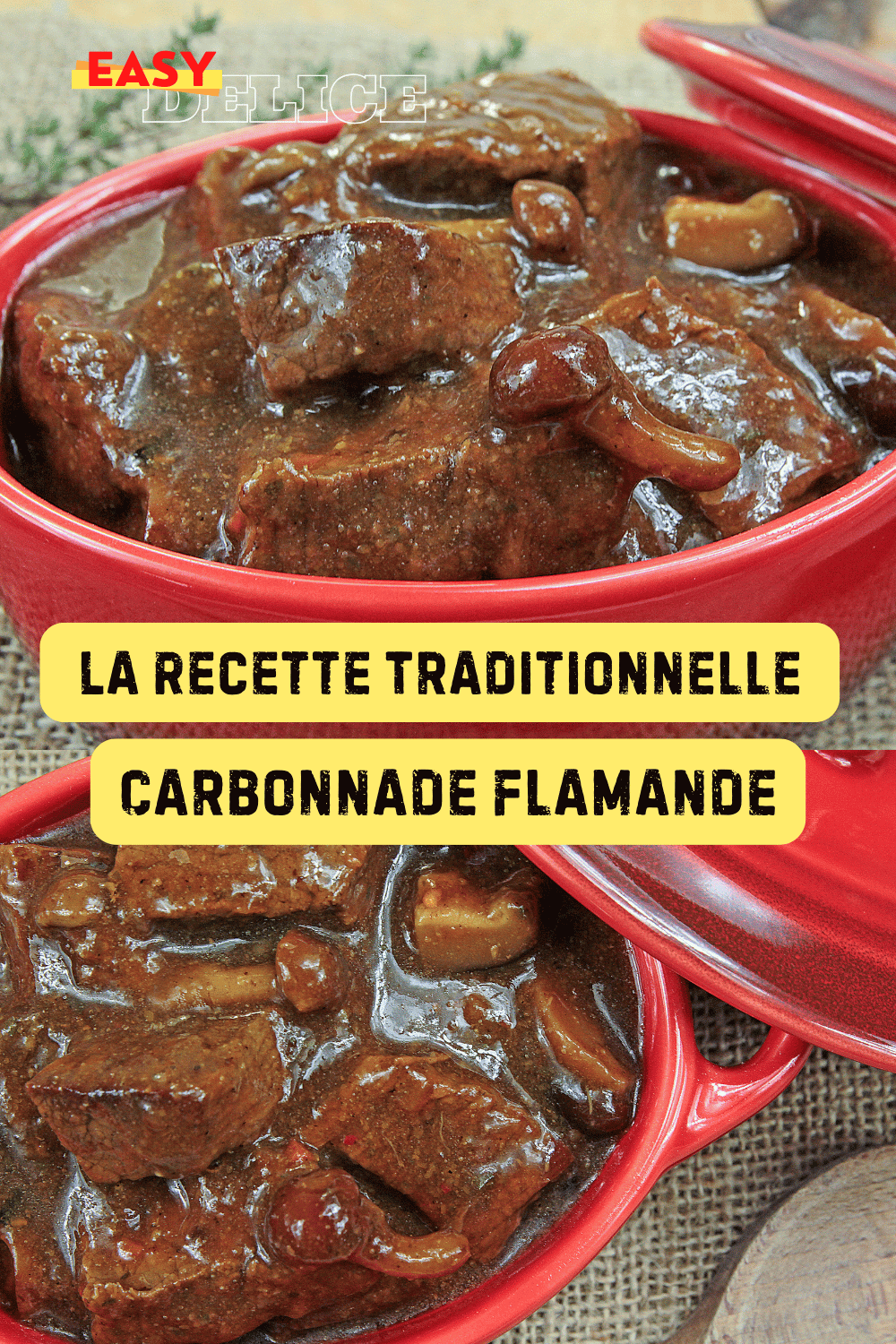 Carbonnade flamande mijotée, servie avec des frites croustillantes et une bière belge.