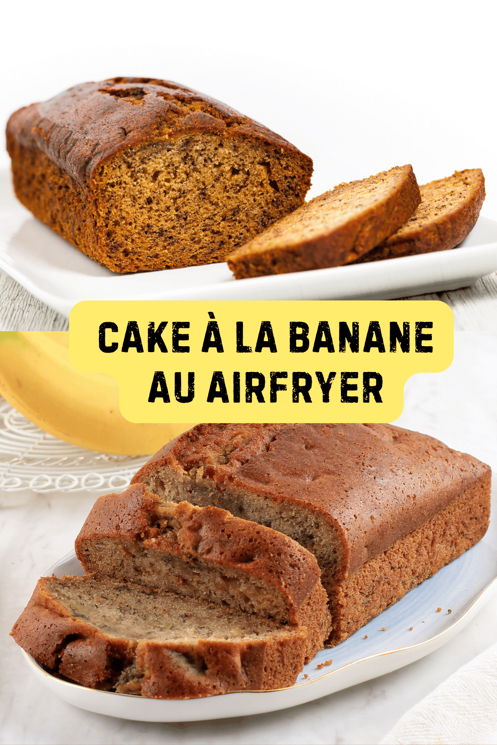 Banana bread moelleux et doré, servi avec des tranches de banane et des noix en garniture.

