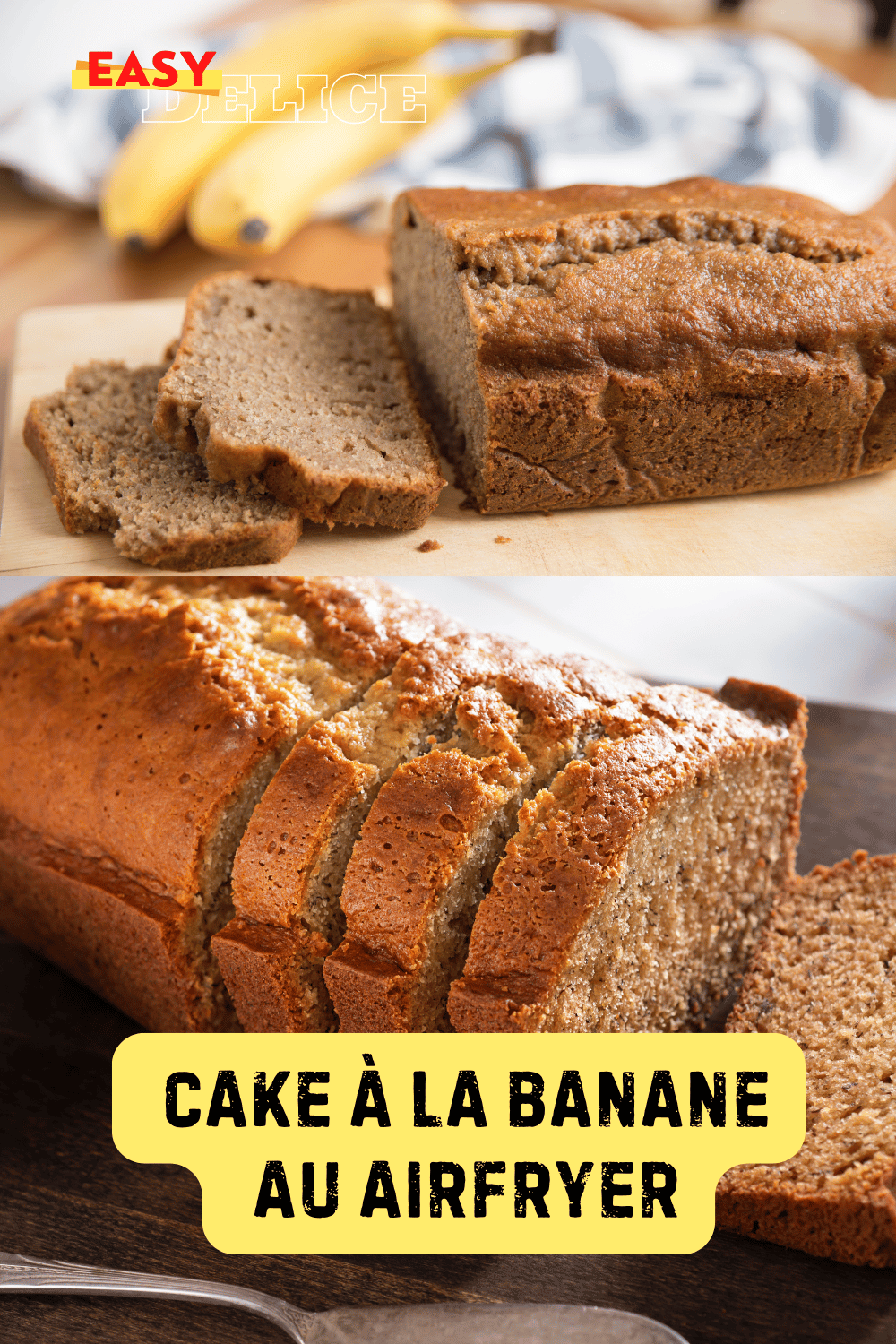 Banana bread moelleux et doré, servi avec des tranches de banane et des noix en garniture.

