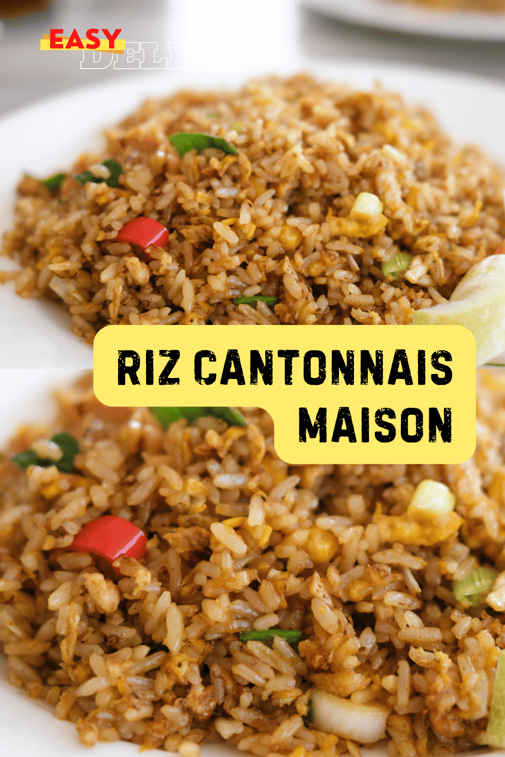 Riz cantonnais doré, garni de légumes croquants, dés de jambon, et œufs brouillés.