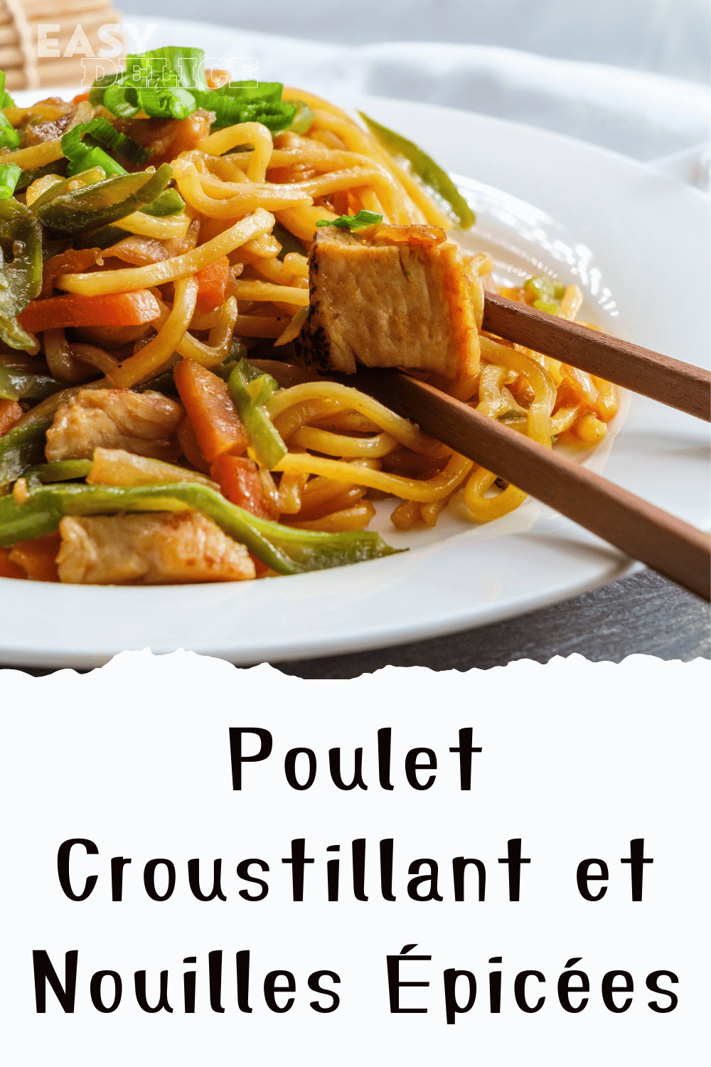 Bol de nouilles épicées avec poulet croustillant et légumes frais