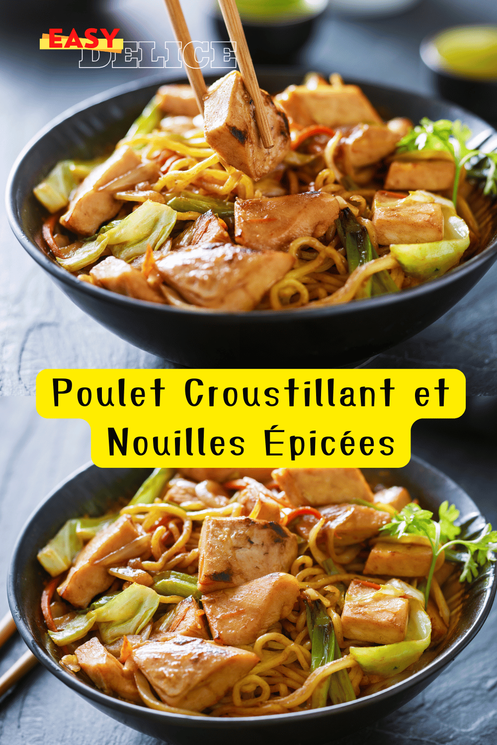 Bol de nouilles épicées avec poulet croustillant et légumes frais