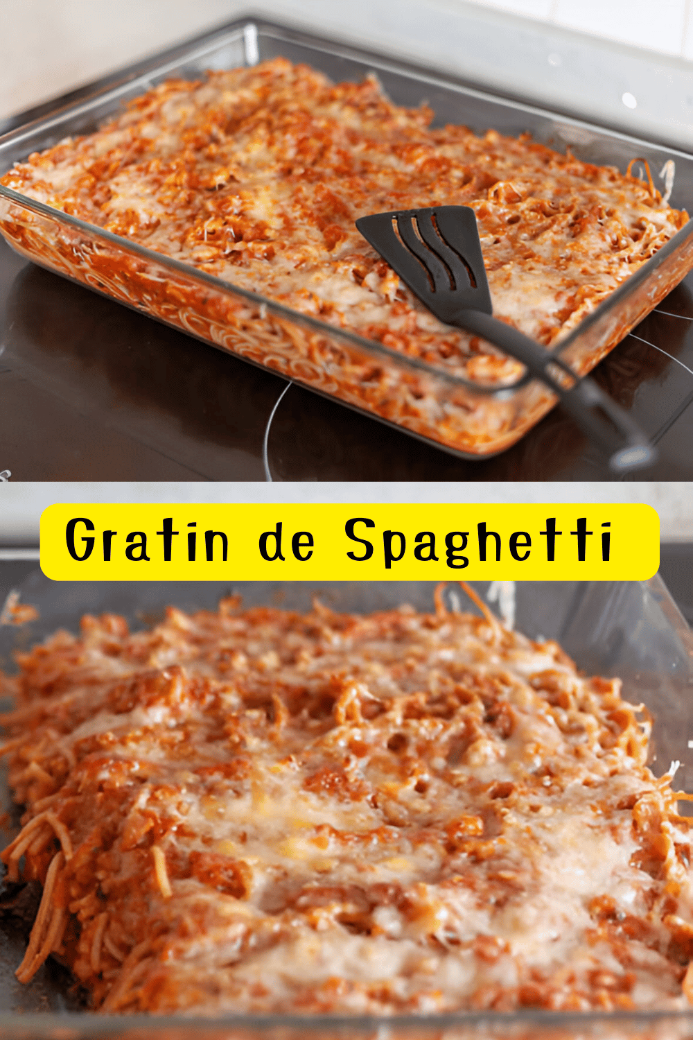 Gratin de spaghetti doré au four, garni de fromage fondu et de basilic frais.