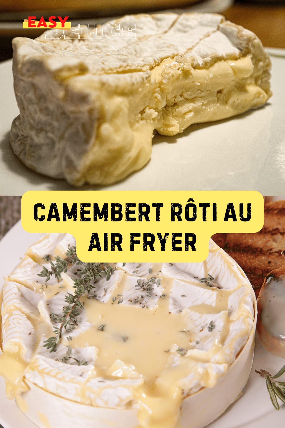 Camembert rôti au Air Fryer, doré et fondant, accompagné de pain grillé et de fruits secs.