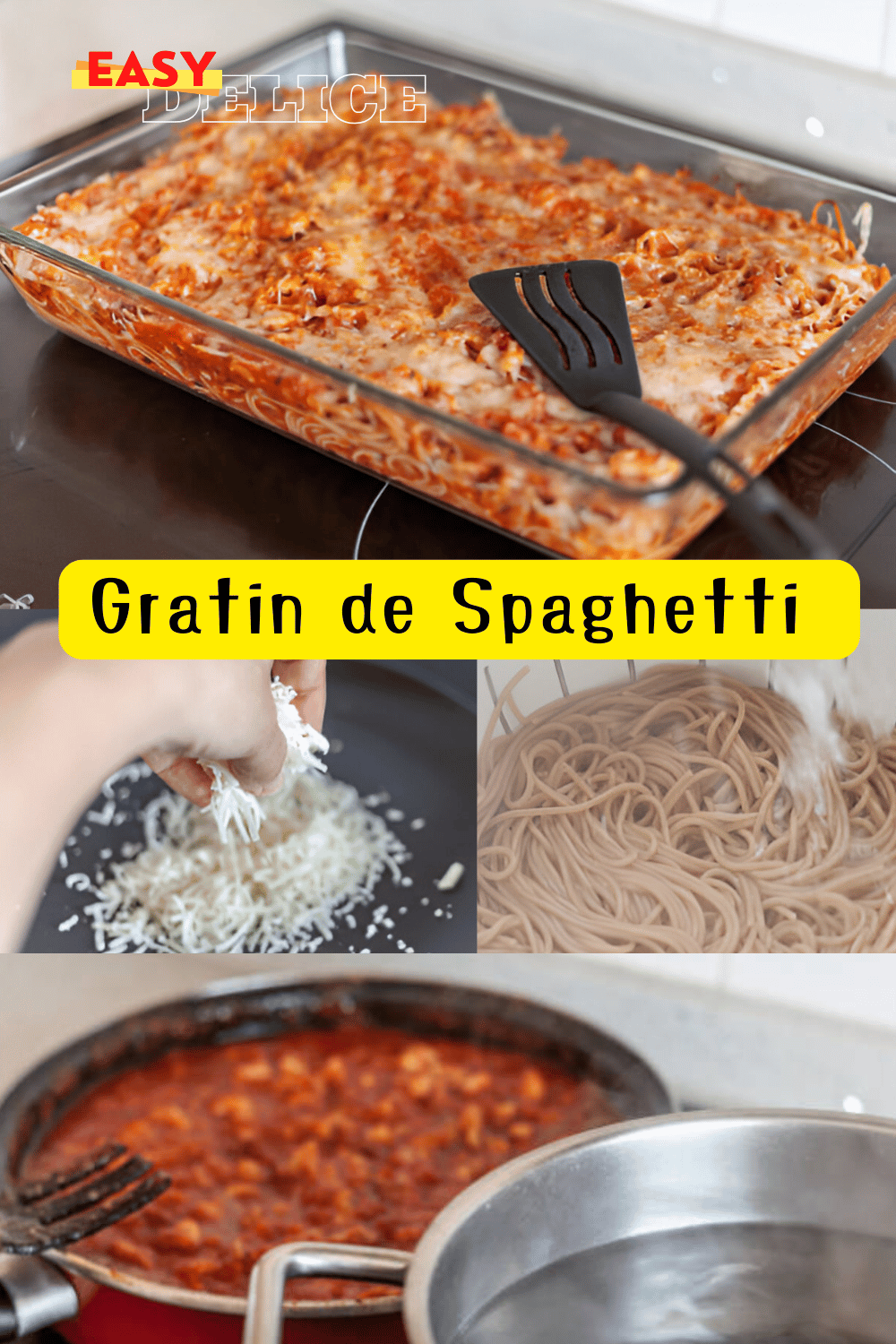 Gratin de spaghetti doré au four, garni de fromage fondu et de basilic frais.