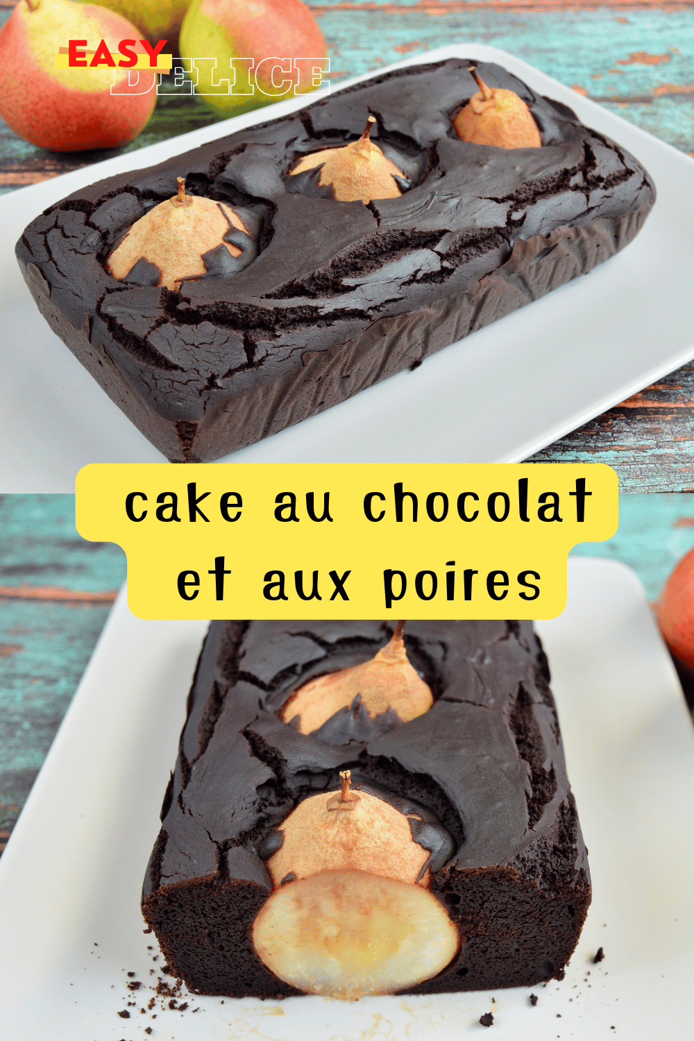 Cake au chocolat et aux poires, garni de tranches de poires fondantes, servi sur un plat élégant.