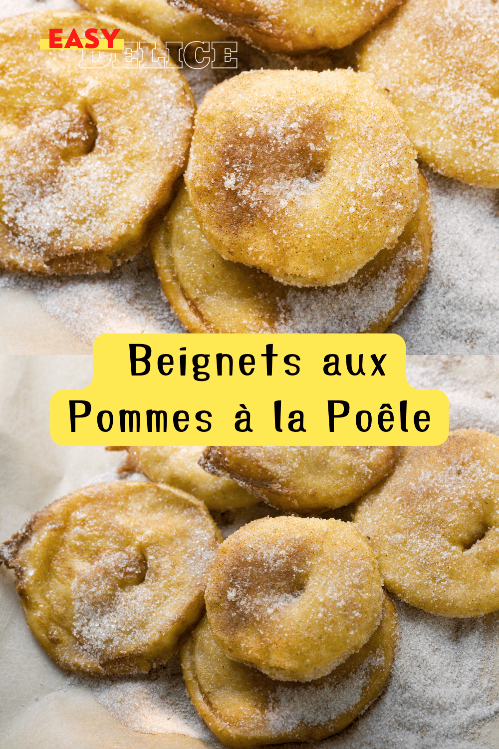 Beignets aux pommes dorés, saupoudrés de sucre glace et prêts à déguster.