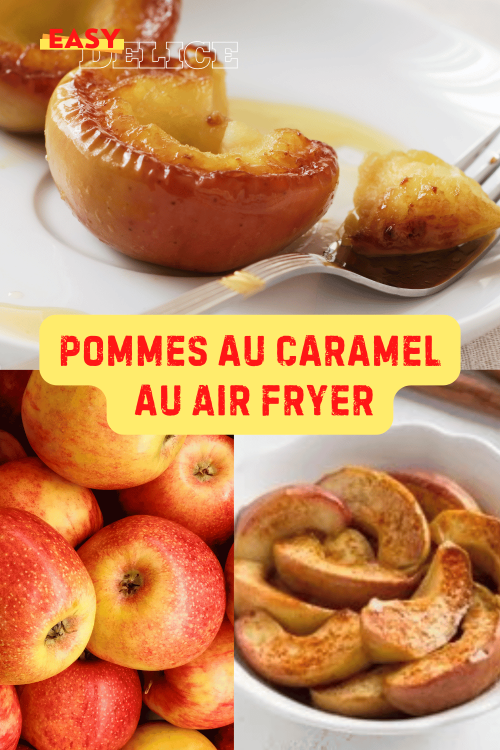 Pommes au caramel dorées et brillantes, servies avec une touche de crème chantilly.