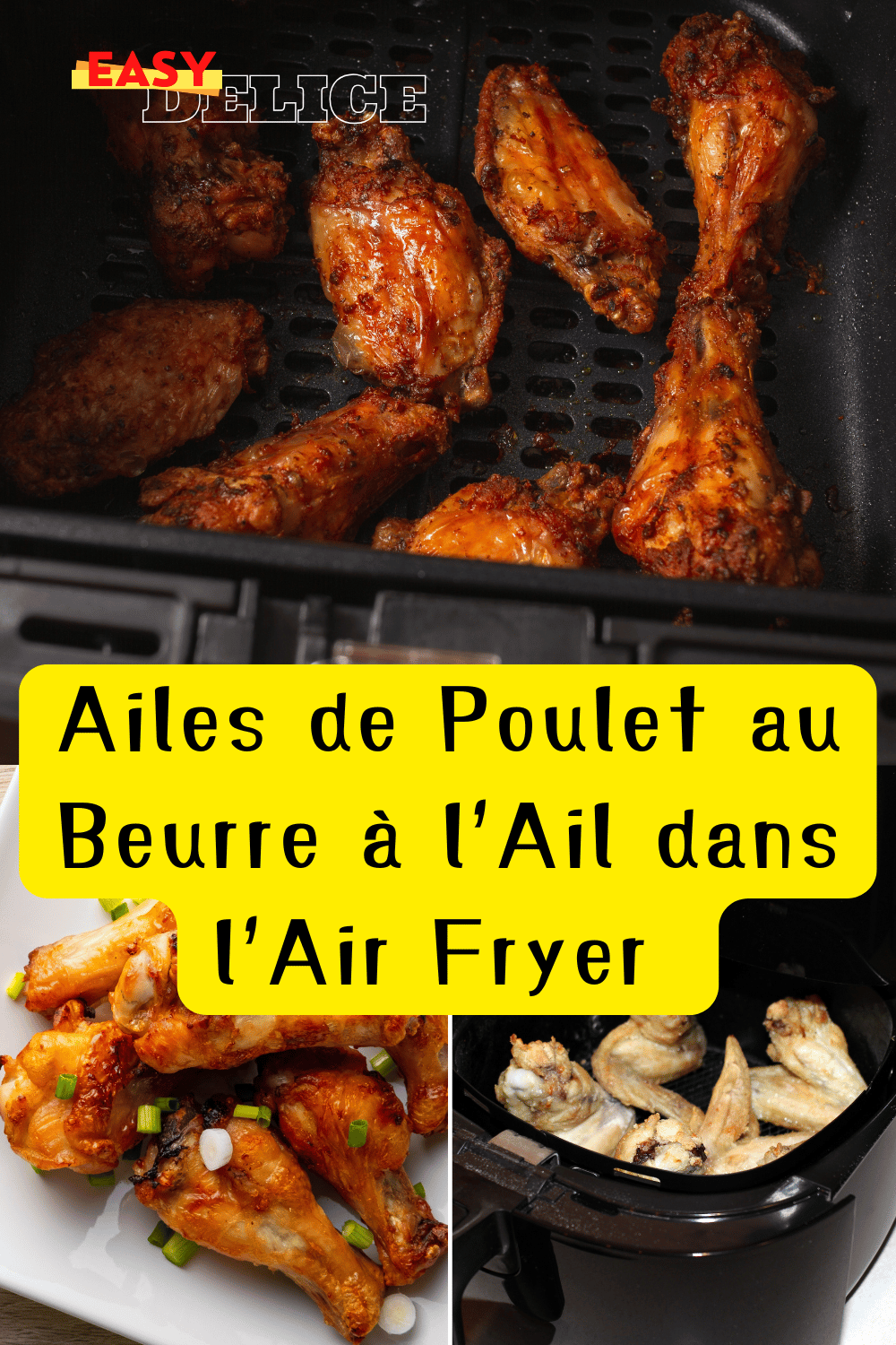 Ailes de poulet dorées et croustillantes enrobées de beurre à l’ail, servies avec persil frais.