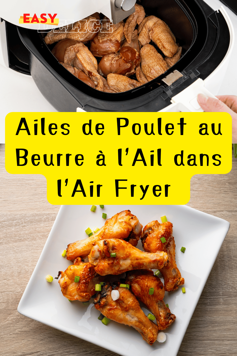 Ailes de poulet dorées et croustillantes enrobées de beurre à l’ail, servies avec persil frais.