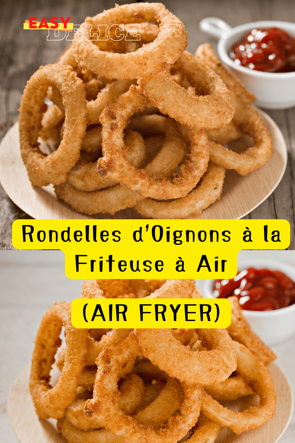 Rondelles d’oignons dorées et croustillantes cuites à la friteuse à air, prêtes à être dégustées avec une sauce.