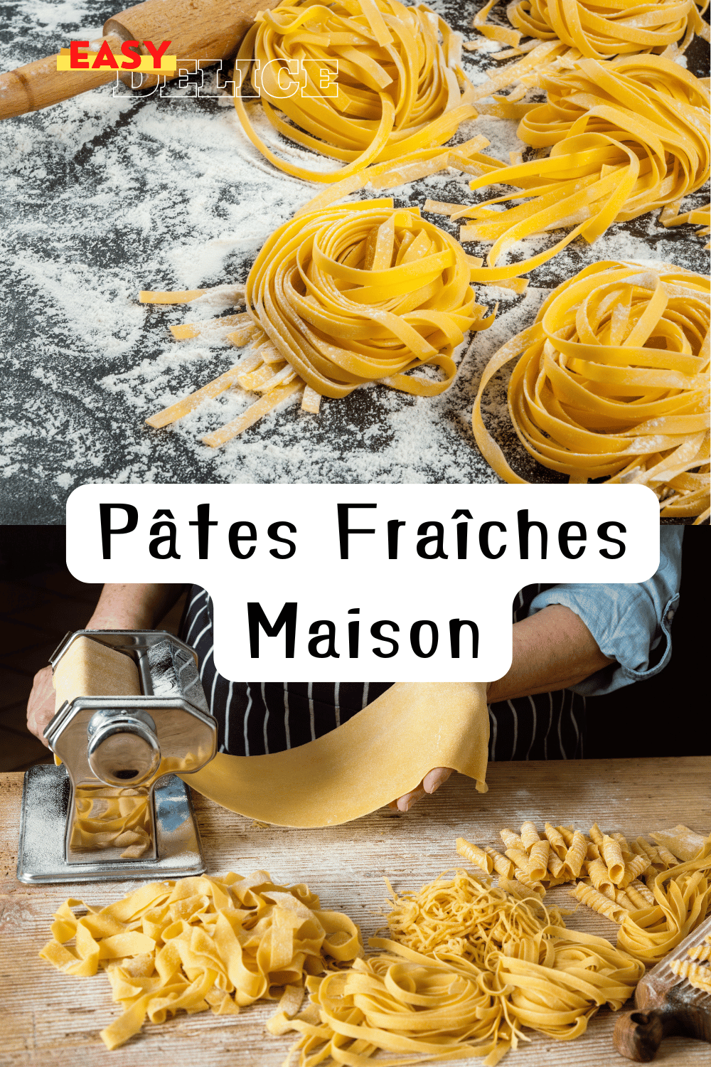 Pâtes fraîches maison étalées sur une table, prêtes à être cuites.