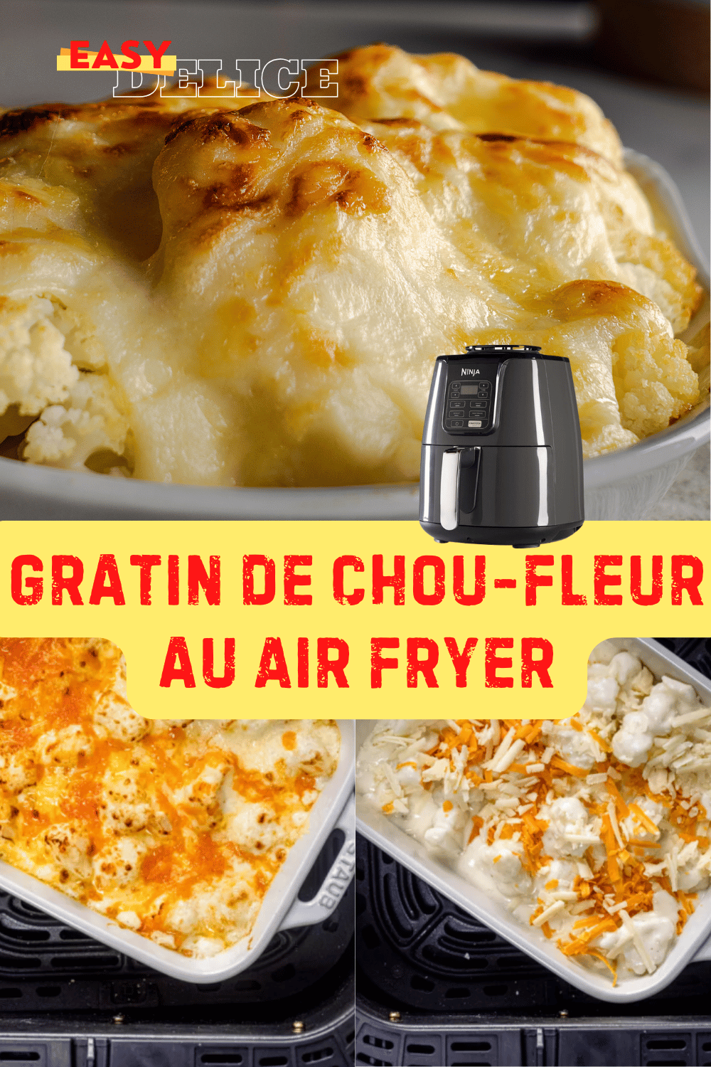 Gratin de chou-fleur doré, servi dans un plat gratiné avec une belle croûte au fromage.