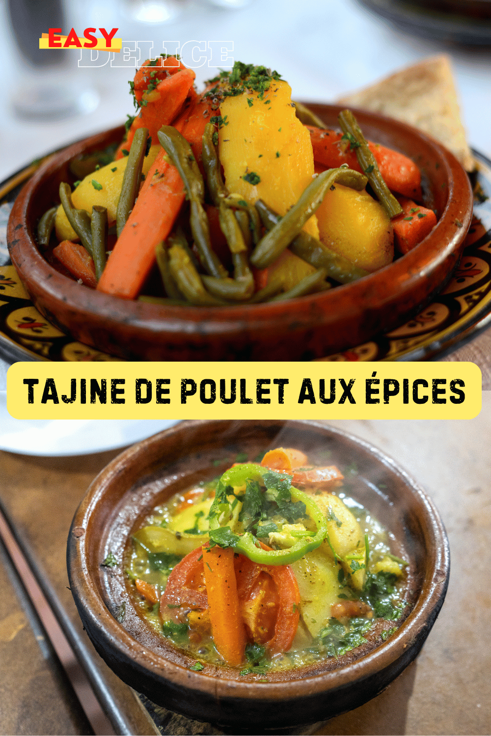 Tajine de poulet aux épices avec légumes et olives, servi dans un plat en terre cuite.

