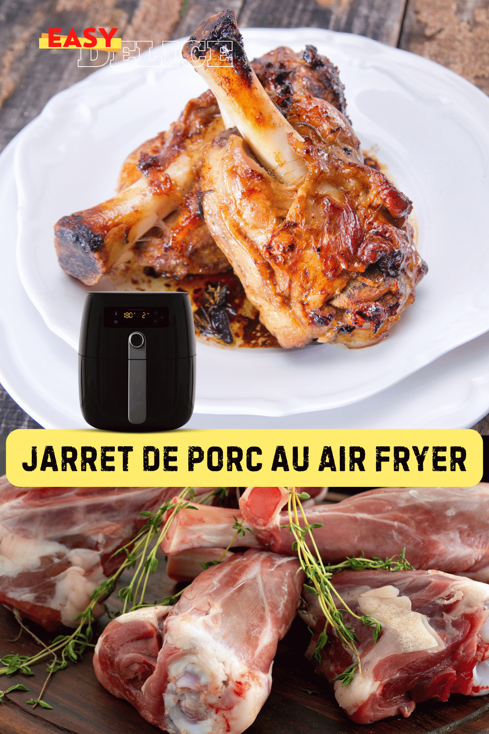 Jarret de porc rôti au Air Fryer, doré et servi avec des légumes grillés.