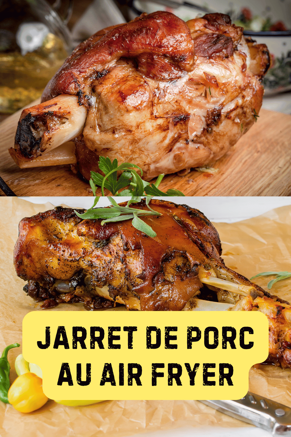 Jarret de porc rôti au Air Fryer, doré et servi avec des légumes grillés.