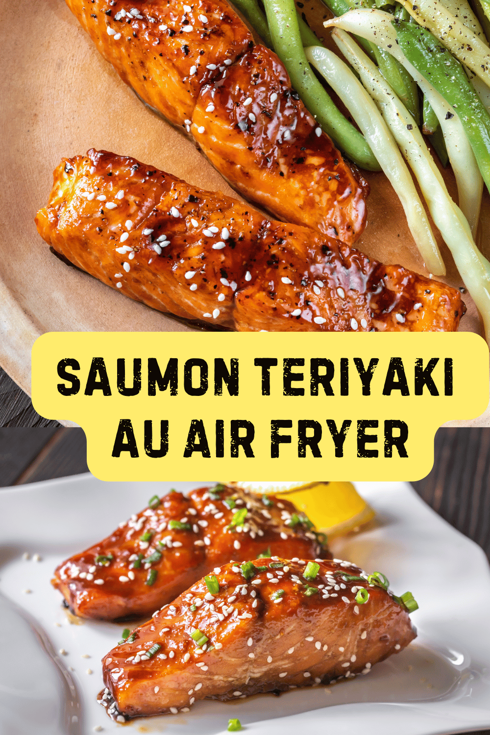  Filets de saumon teriyaki dorés, garnis de graines de sésame et servis avec des légumes.