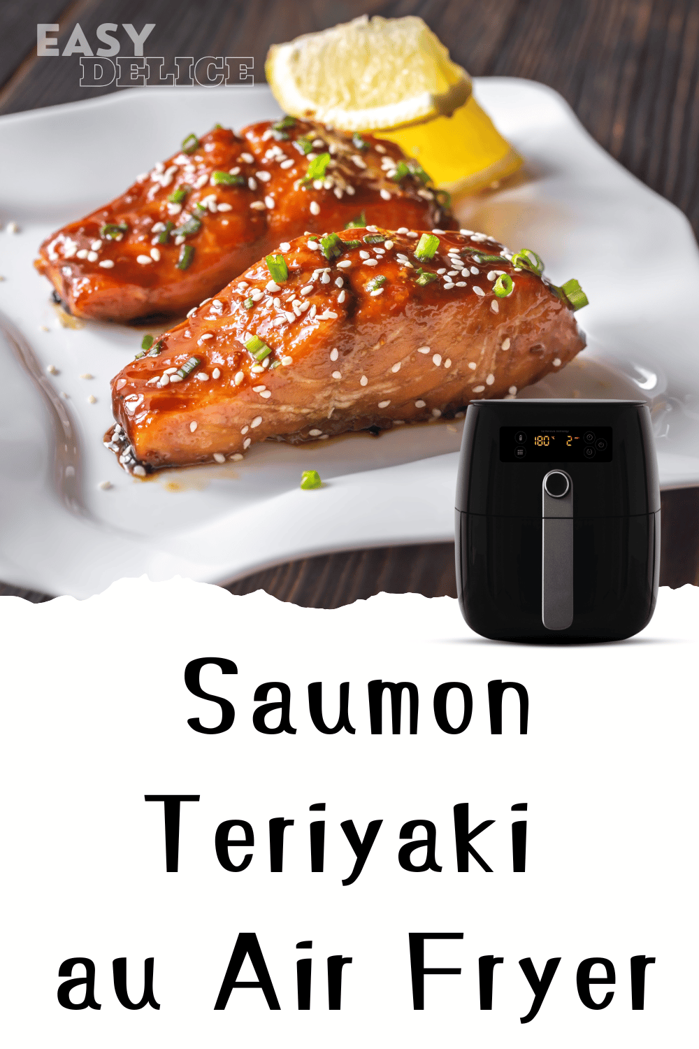  Filets de saumon teriyaki dorés, garnis de graines de sésame et servis avec des légumes.