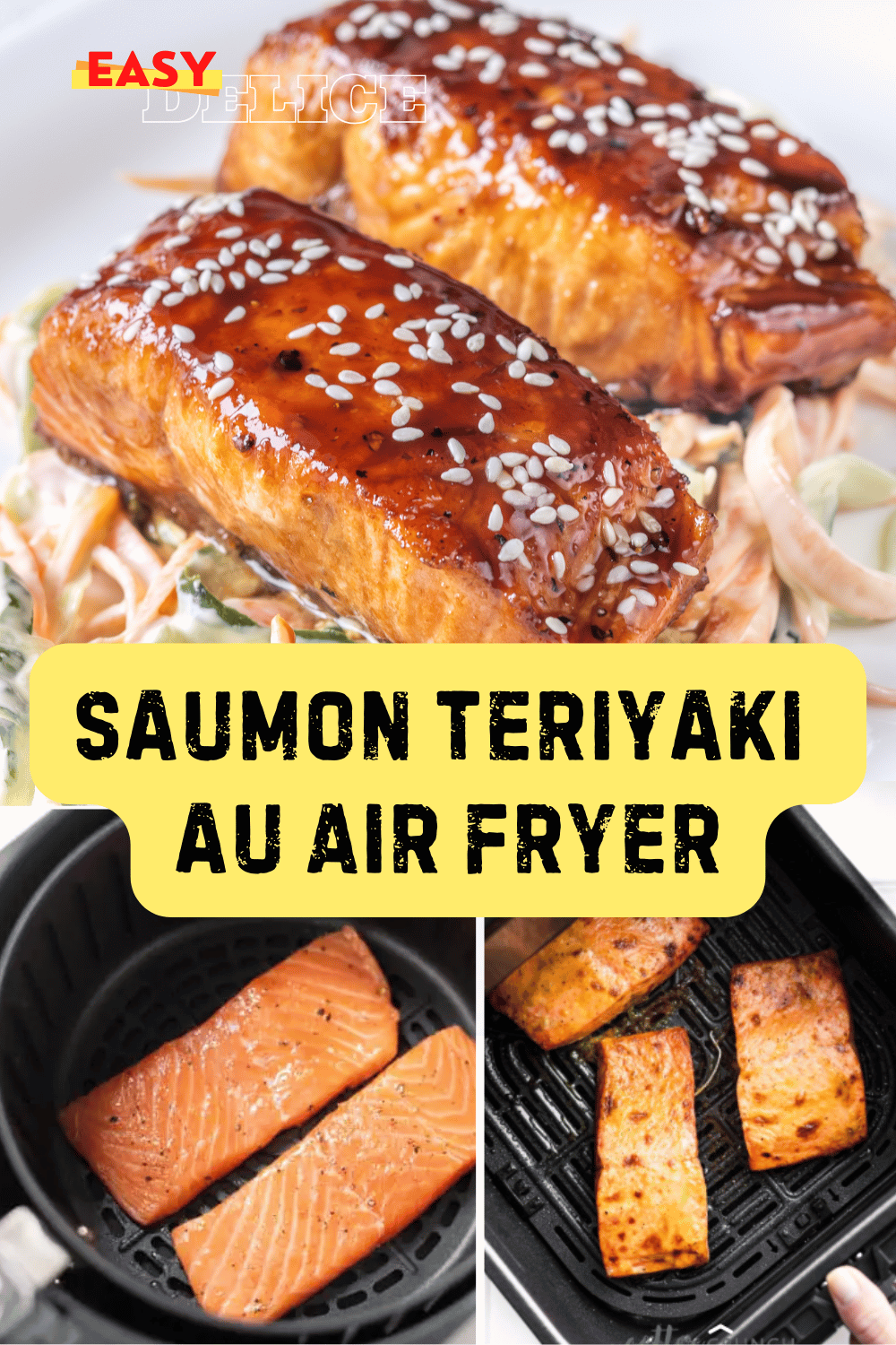 Filets de saumon teriyaki dorés, garnis de graines de sésame et servis avec des légumes.