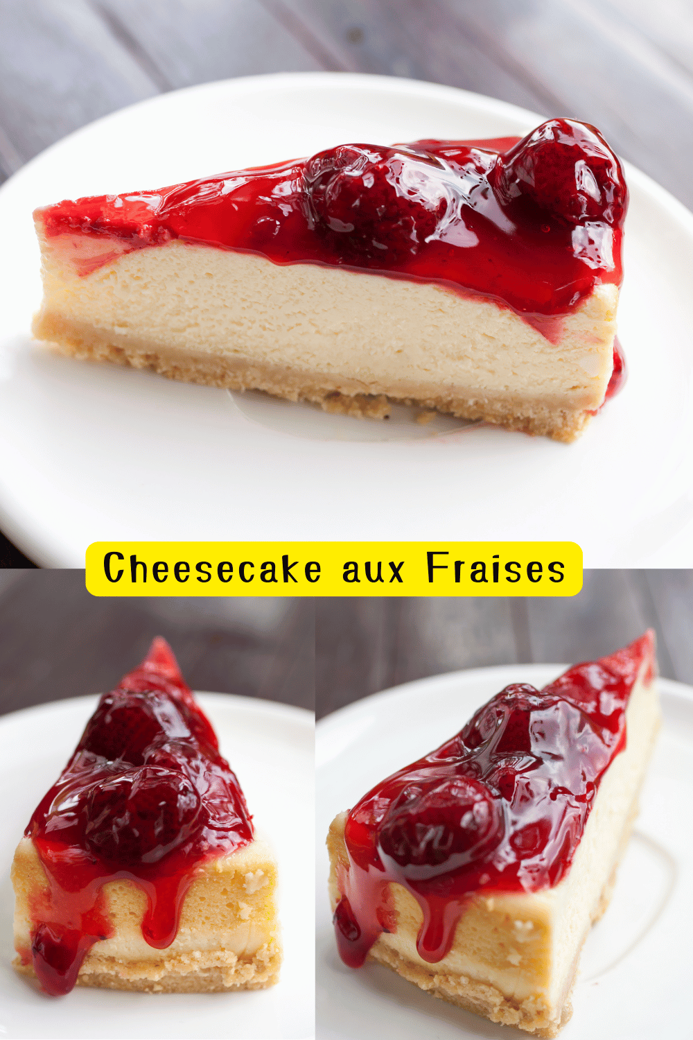 Cheesecake aux fraises garni de fraises fraîches et coulis.