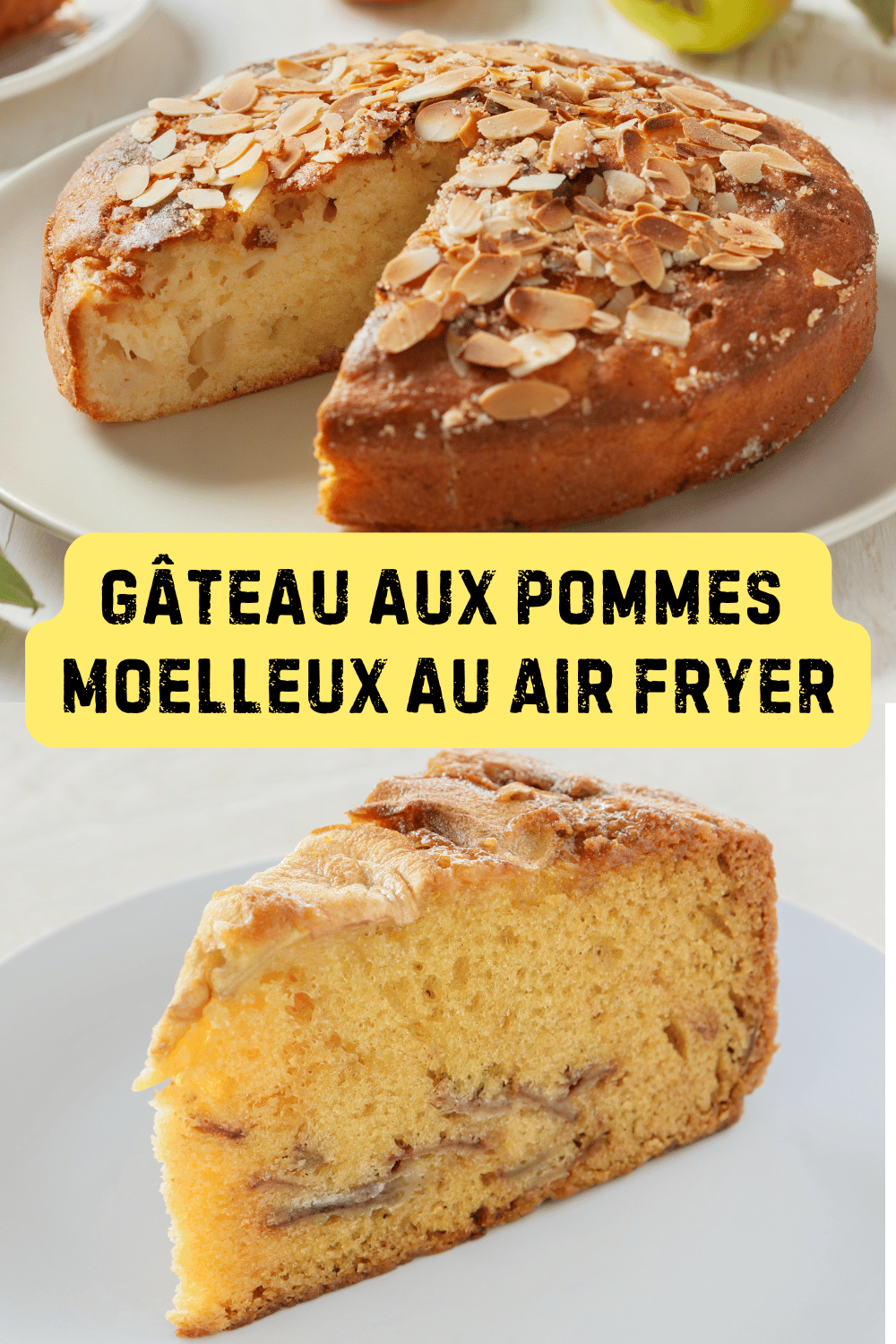 Gâteau aux pommes moelleux, légèrement doré, servi avec une tranche coupée sur une assiette.