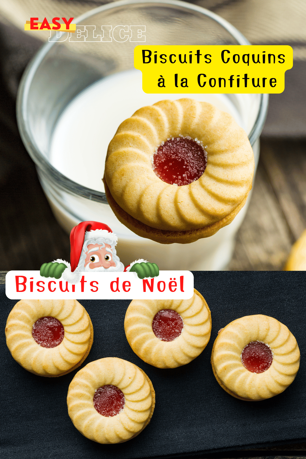 Biscuits coquins à la confiture, saupoudrés de sucre glace et remplis de confiture.