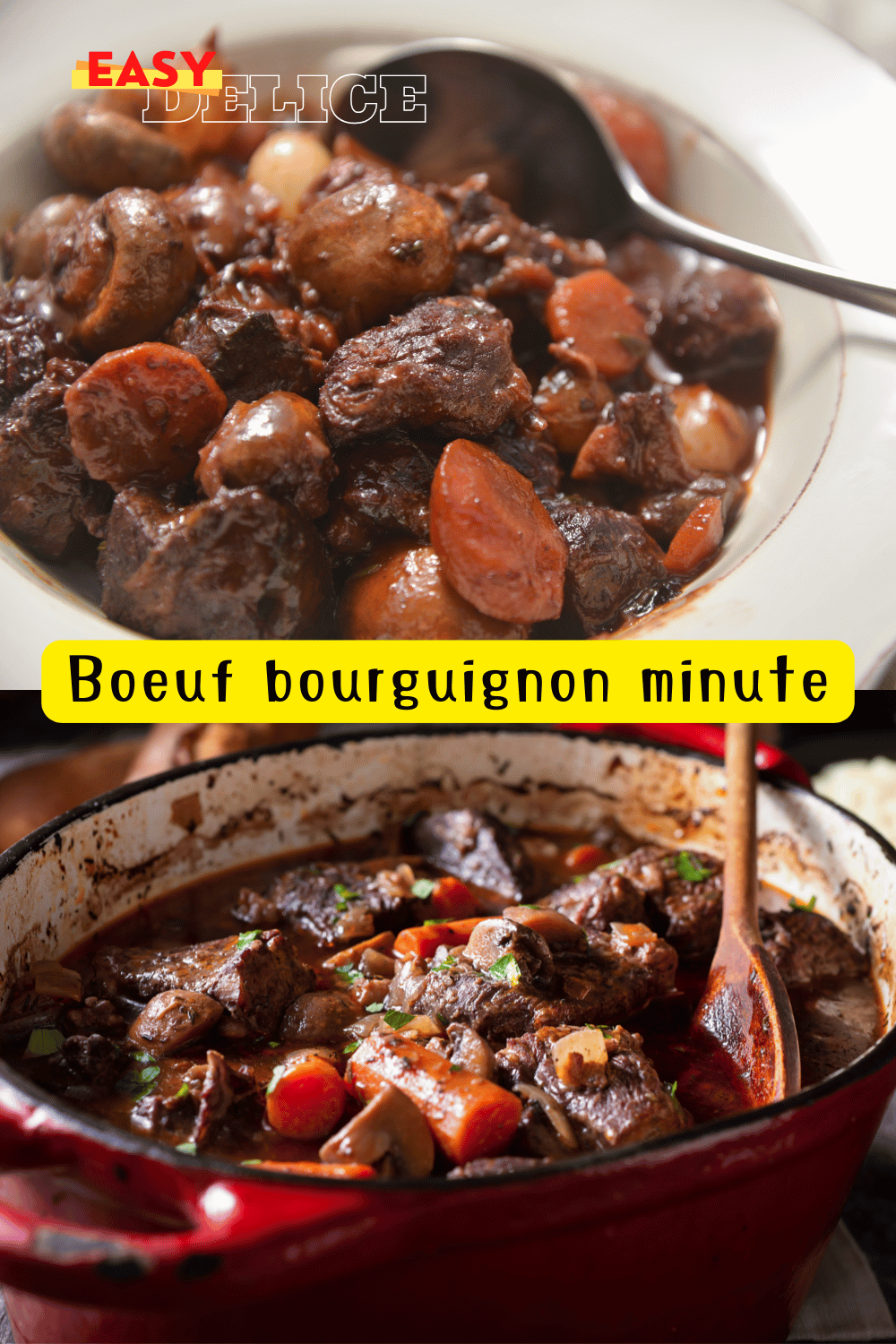 Plat de bœuf bourguignon avec morceaux de bœuf, carottes, champignons et persil