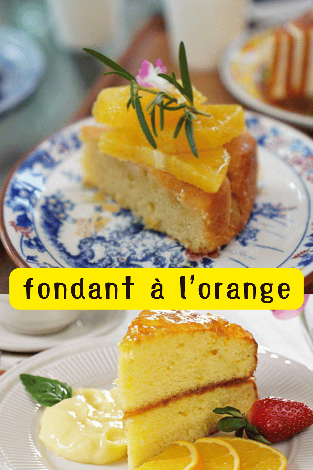 Fondant à l'orange moelleux, coupé en tranches, avec une belle couleur dorée.