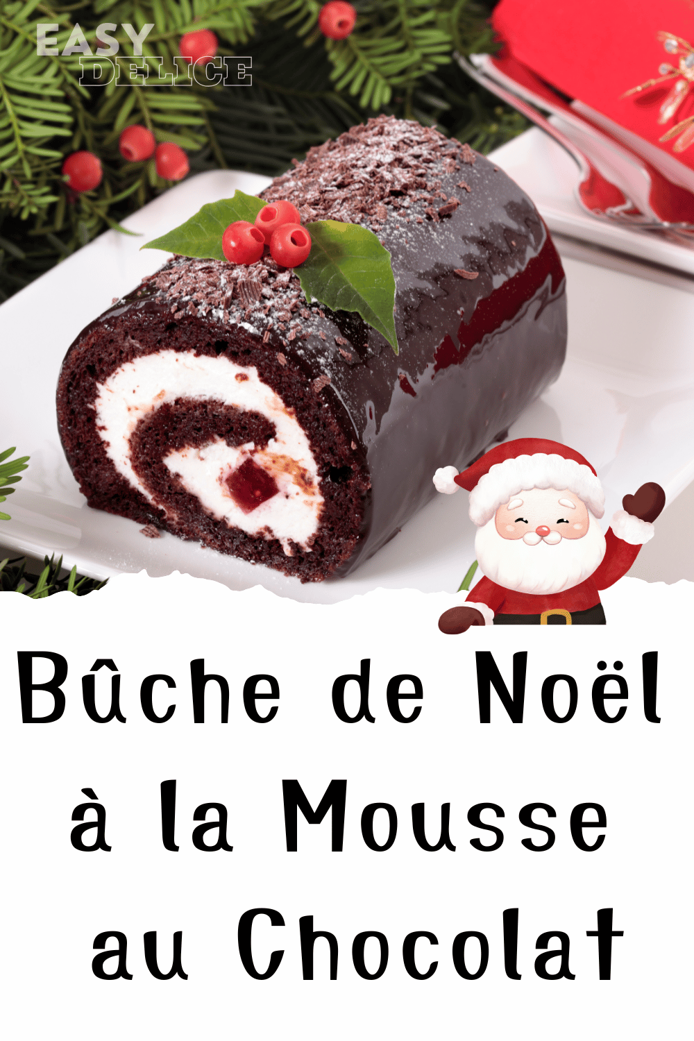 Bûche de Noël au chocolat, décorée de copeaux de chocolat et de sucre glace, sur une table festive.