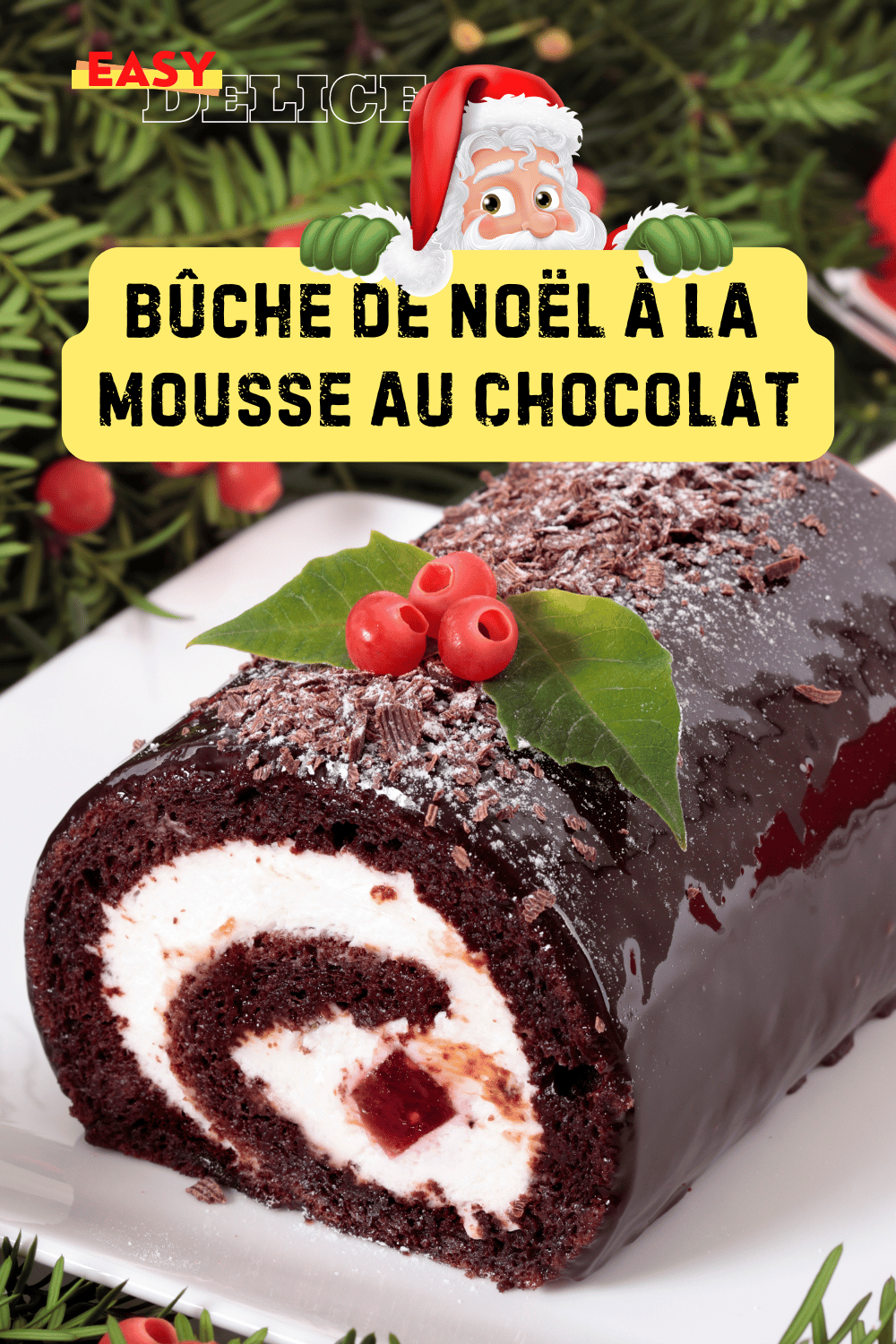 Bûche de Noël au chocolat, décorée de copeaux de chocolat et de sucre glace, sur une table festive.