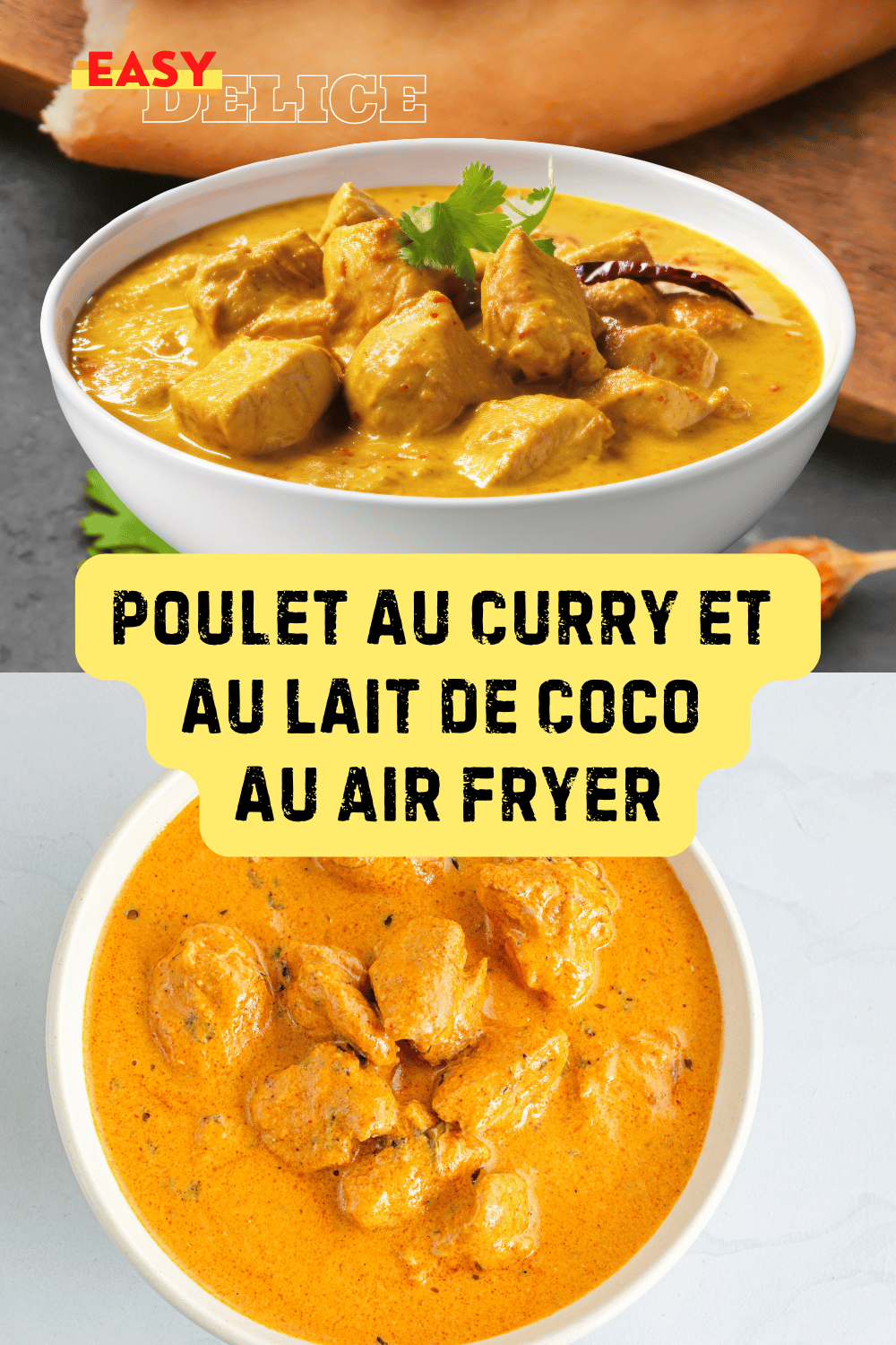 Poulet au curry et lait de coco, servi avec du riz basmati et des herbes fraîches.