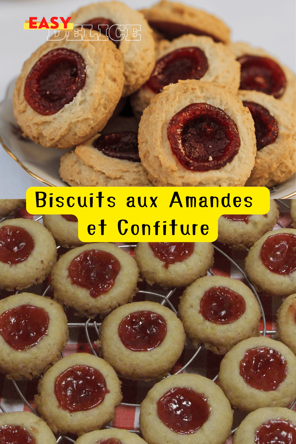 Biscuits aux amandes avec un cœur de confiture, dorés et saupoudrés de sucre glace.