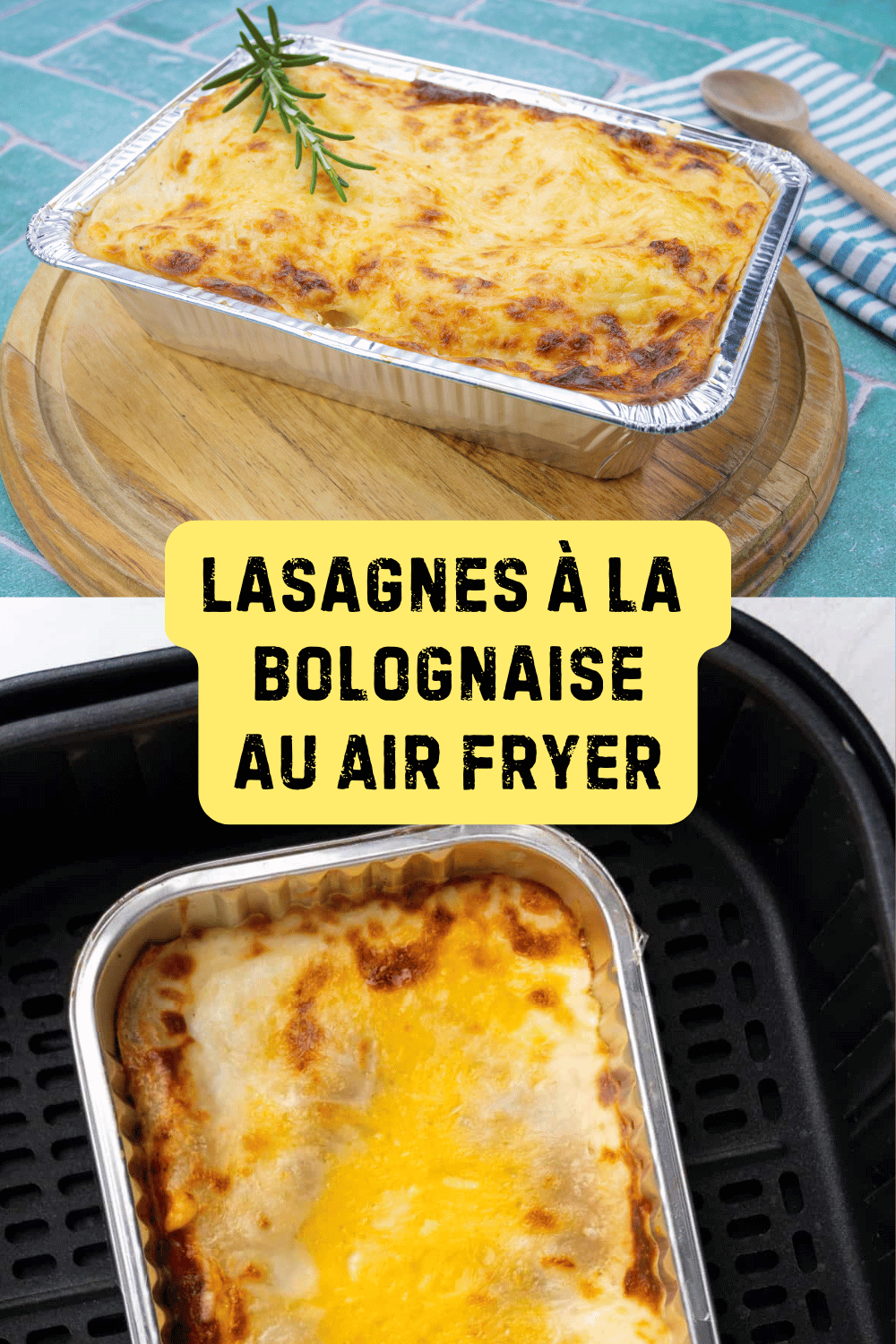 Lasagnes dorées à la bolognaise, servies dans un plat individuel avec des herbes fraîches en garniture.