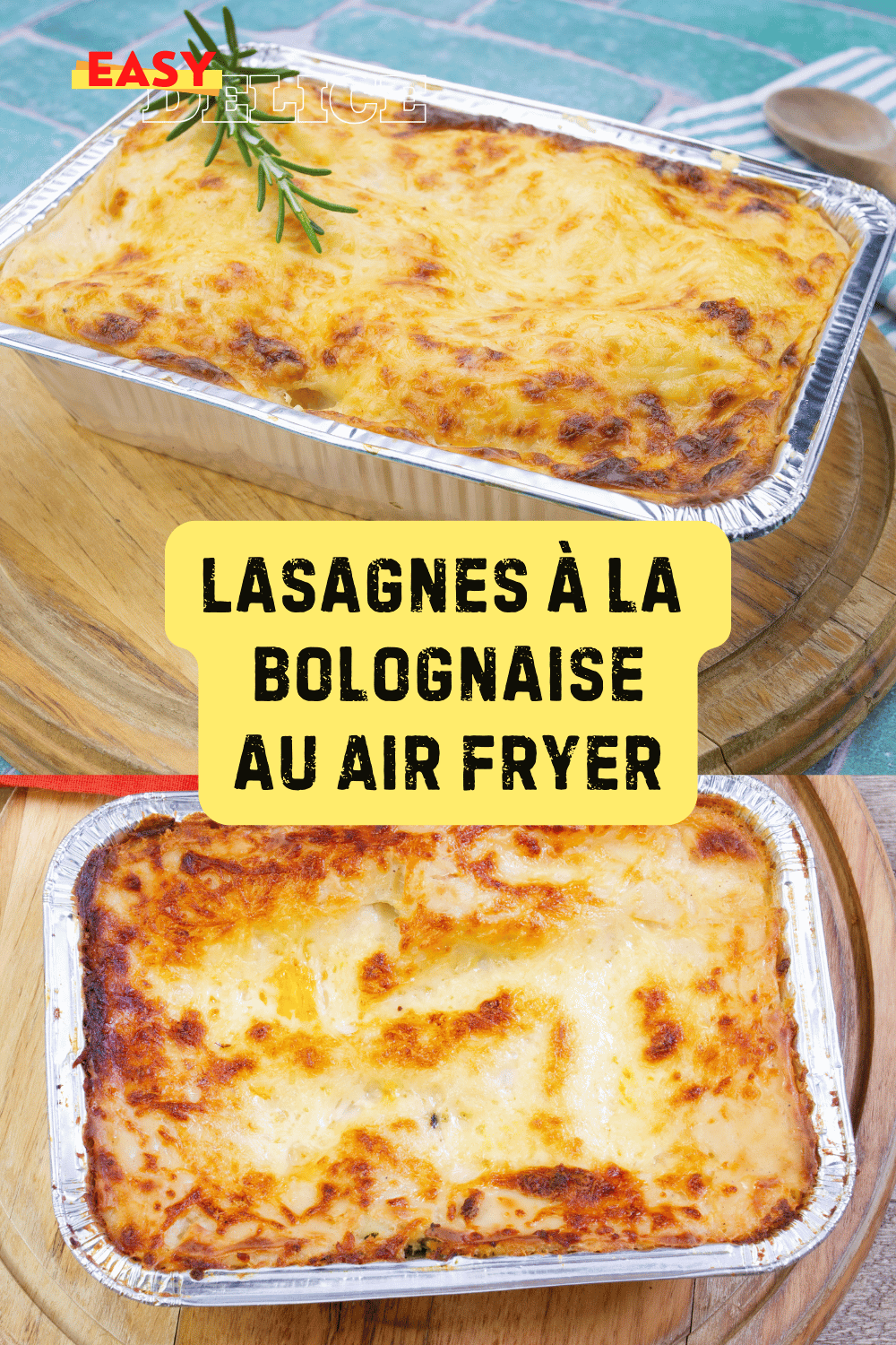 Lasagnes dorées à la bolognaise, servies dans un plat individuel avec des herbes fraîches en garniture.