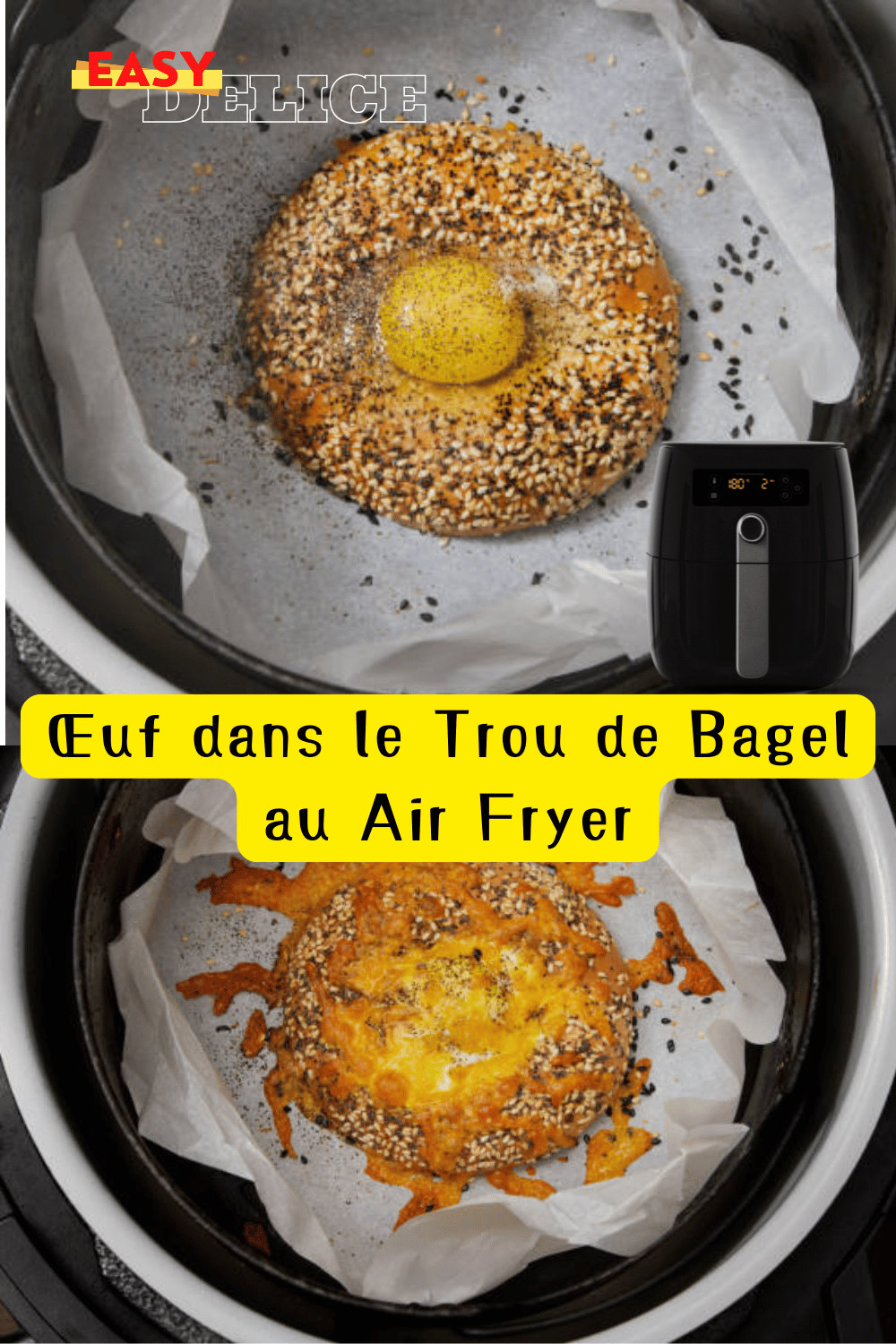 Œuf cuit dans un bagel garni de fromage, doré et croustillant grâce au Air Fryer.