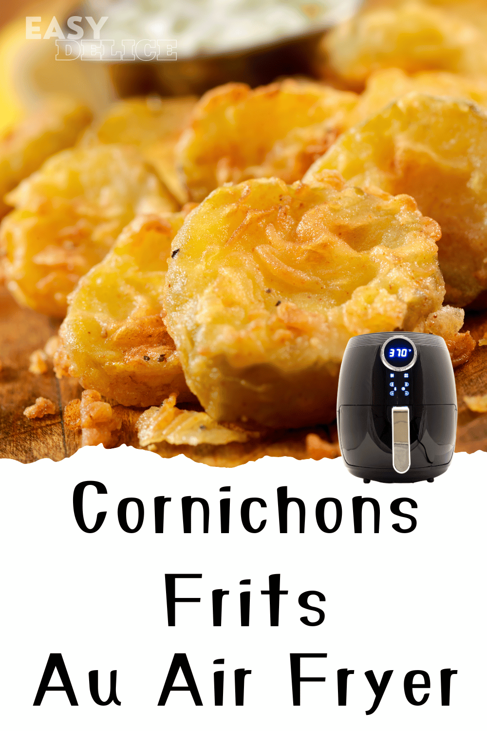 Cornichons frits croustillants cuits à l'air fryer, servis avec une sauce ranch