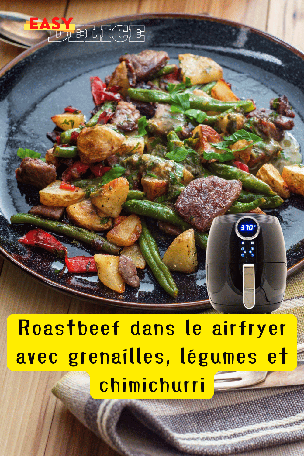 Roastbeef juteux avec légumes et sauce chimichurri, cuit à la perfection dans l’Air Fryer.