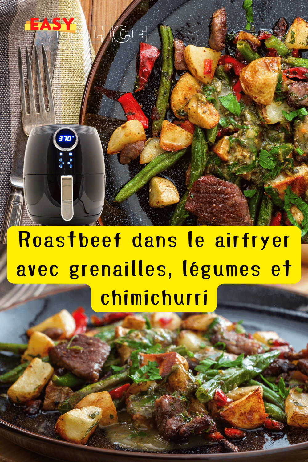 Roastbeef juteux avec légumes et sauce chimichurri, cuit à la perfection dans l’Air Fryer.