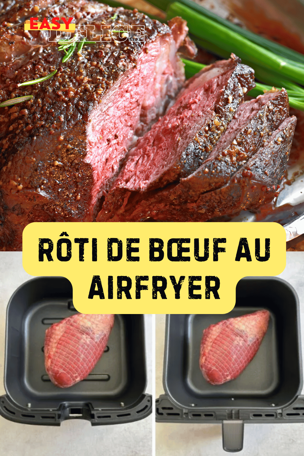 Rôti de bœuf parfaitement cuit, tranché et accompagné de légumes grillés.