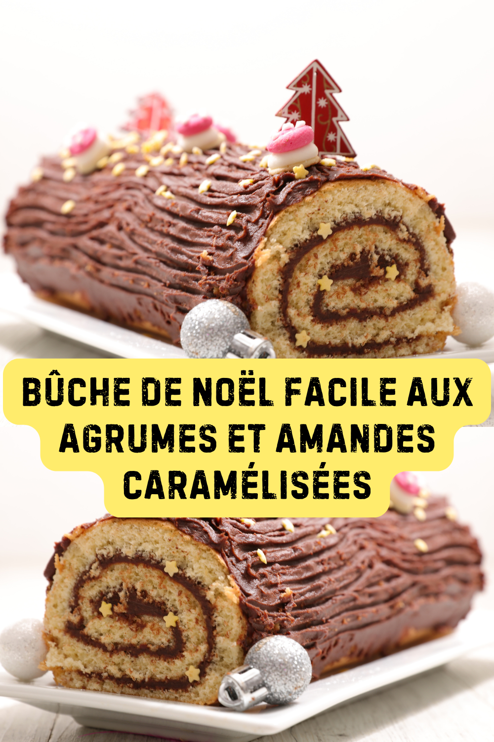 Bûche de Noël aux agrumes et amandes caramélisées, joliment présentée avec des zestes et des décorations festives.