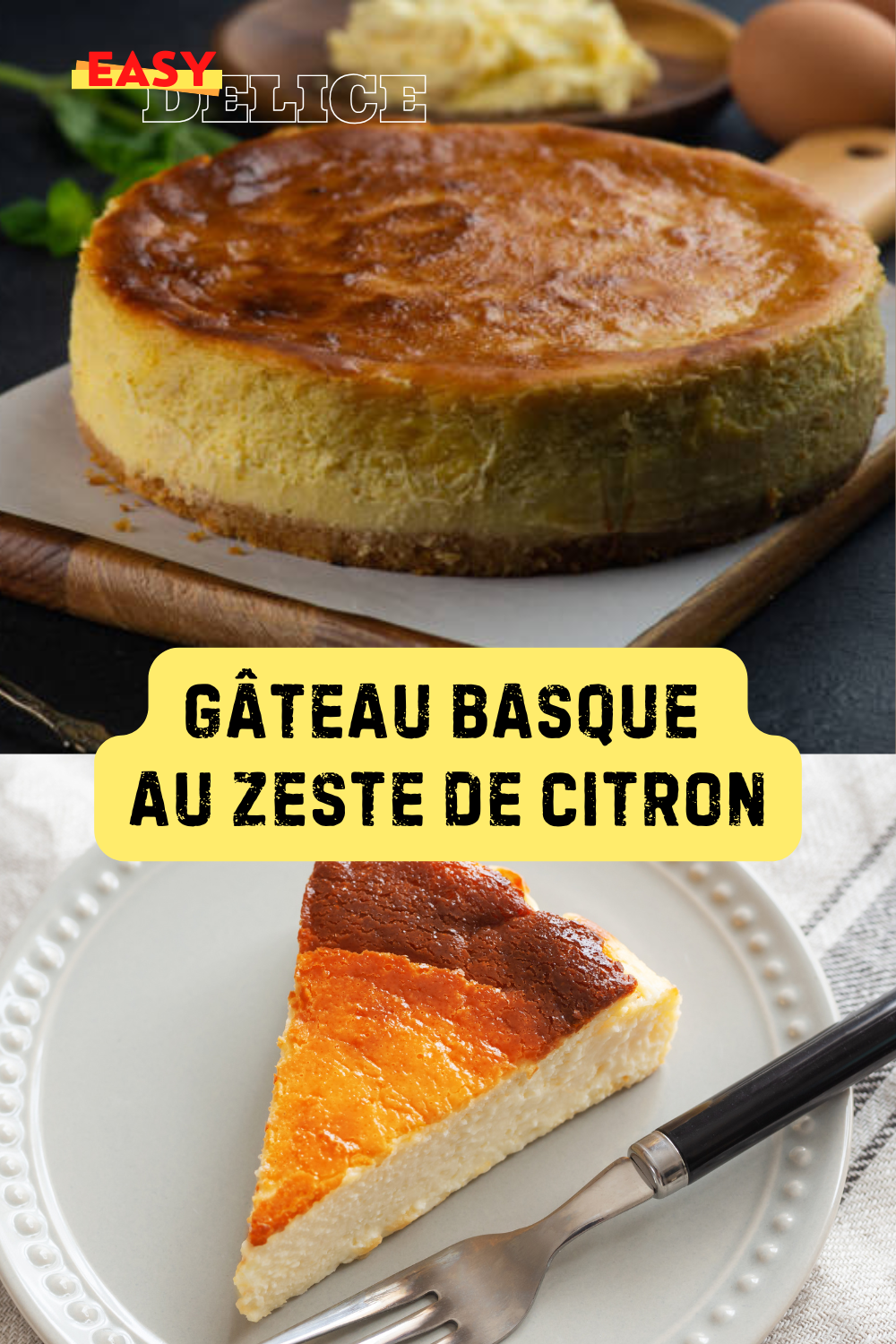 Gâteau basque doré avec une garniture crémeuse au citron, servi dans une assiette élégante.