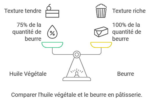 Huile Végétale

L'huile végétale, comme l'huile de colza ou de tournesol, est un bon substitut au beurre pour apporter une texture tendre aux gâteaux. Elle est particulièrement adaptée pour les gâteaux moelleux.

Quantité : Utilisez environ 75% de la quantité de beurre requise. Par exemple, pour 100g de beurre, utilisez 75ml d'huile.
Avantage : Permet une texture fondante et est facile à intégrer dans les recettes.