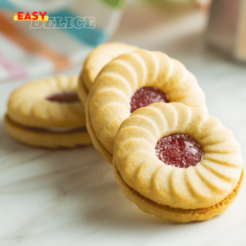 Biscuits coquins à la confiture, saupoudrés de sucre glace et remplis de confiture.